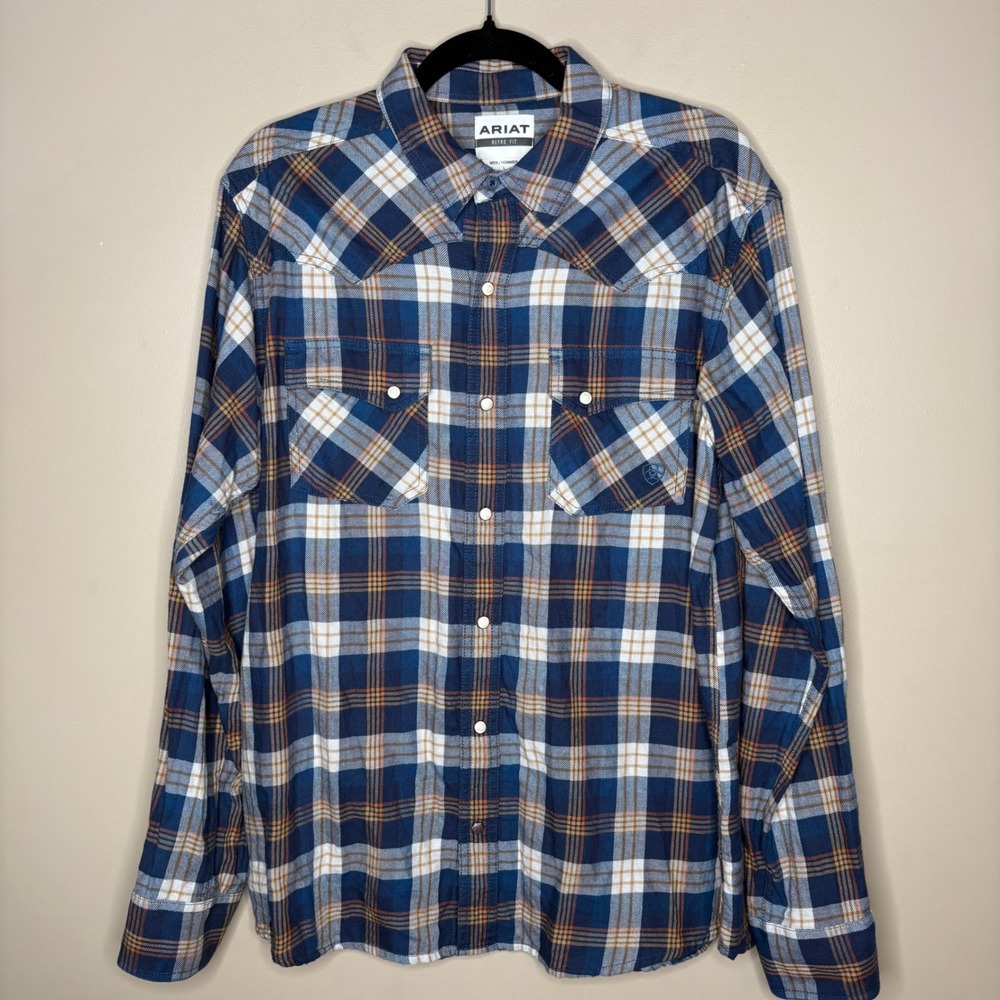 Ariat Retro Fit Mens Large Plaid Western Snap Long Sleeve Shirt Cotton